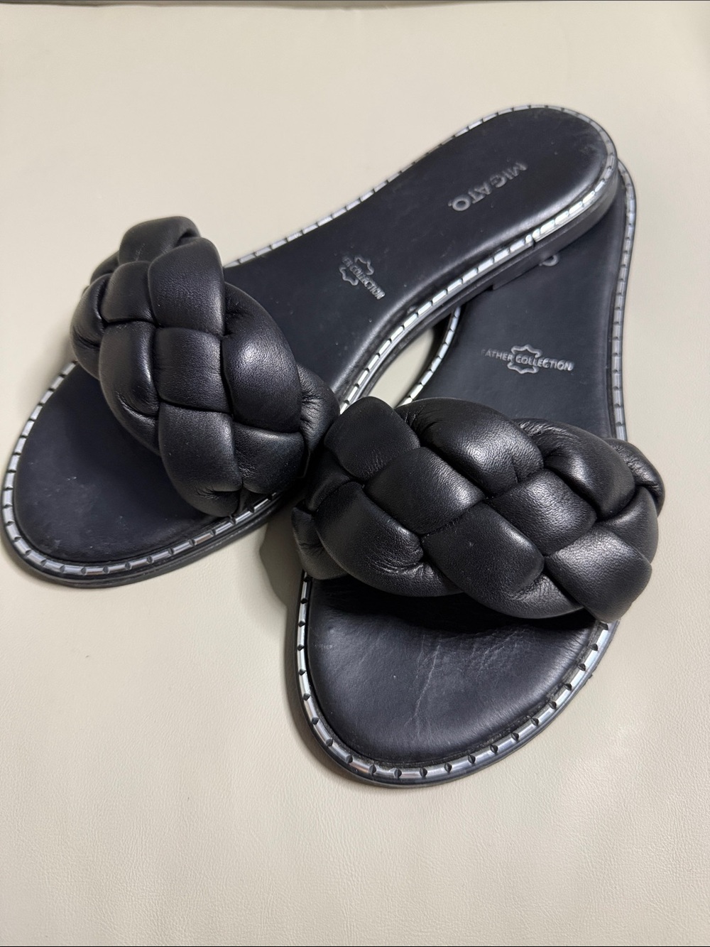 Leather Braided Slide Sandals — Black Women’s Slip-On Slides - Made in Greece